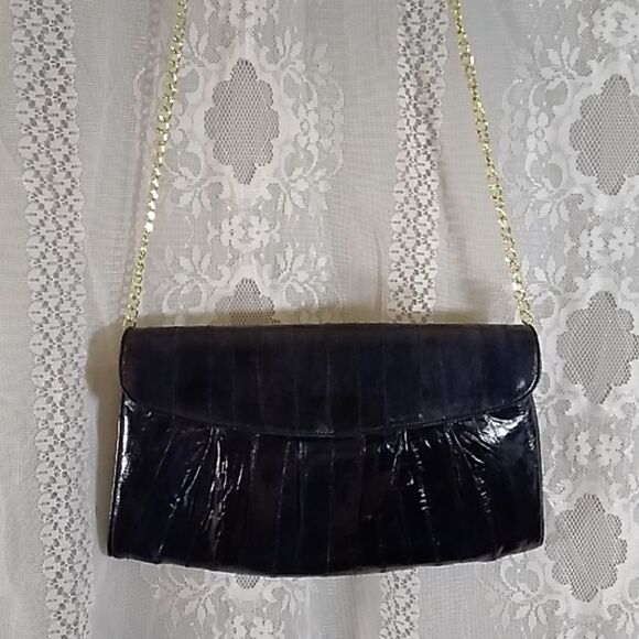 VINTAGE GENUINE LEATHER EEL SKIN WOMEN'S CROSSBODY AND HANDBAG ACCESSORIES DARK - Picture 3 of 15
